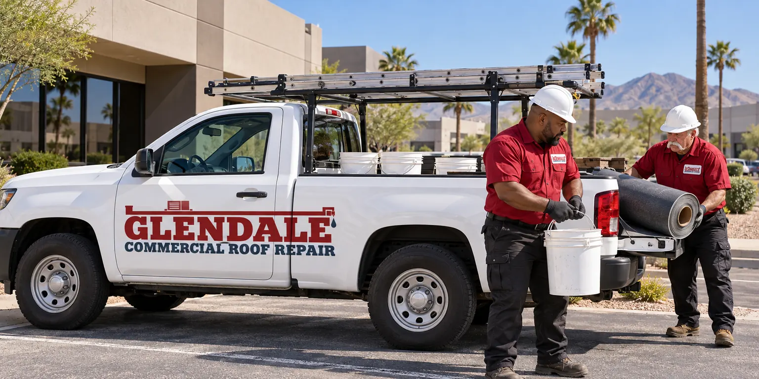 Two roofers loading repair materials into a work truck