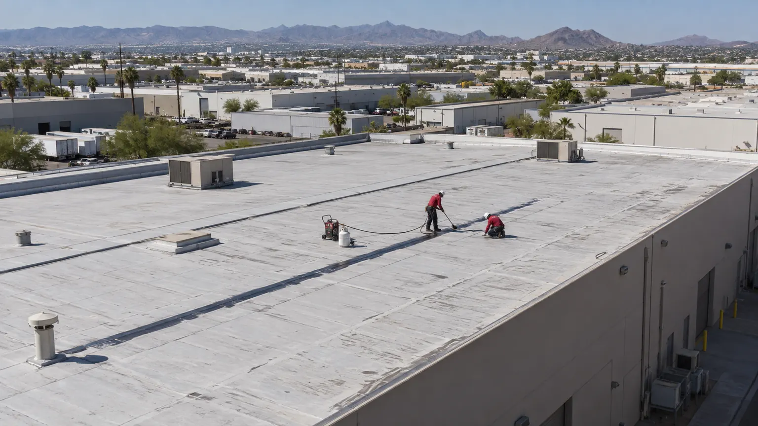 Two roofers welding a long seam on a large white flat roof