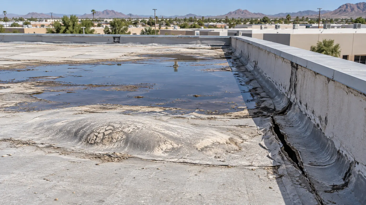 Ponding water, a cracked blister, and split base flashing along a parapet on an aged flat roof