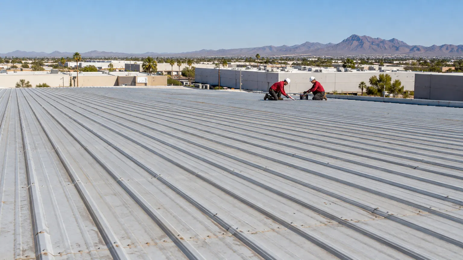 Two roofers sealing a panel lap on a ribbed metal roof