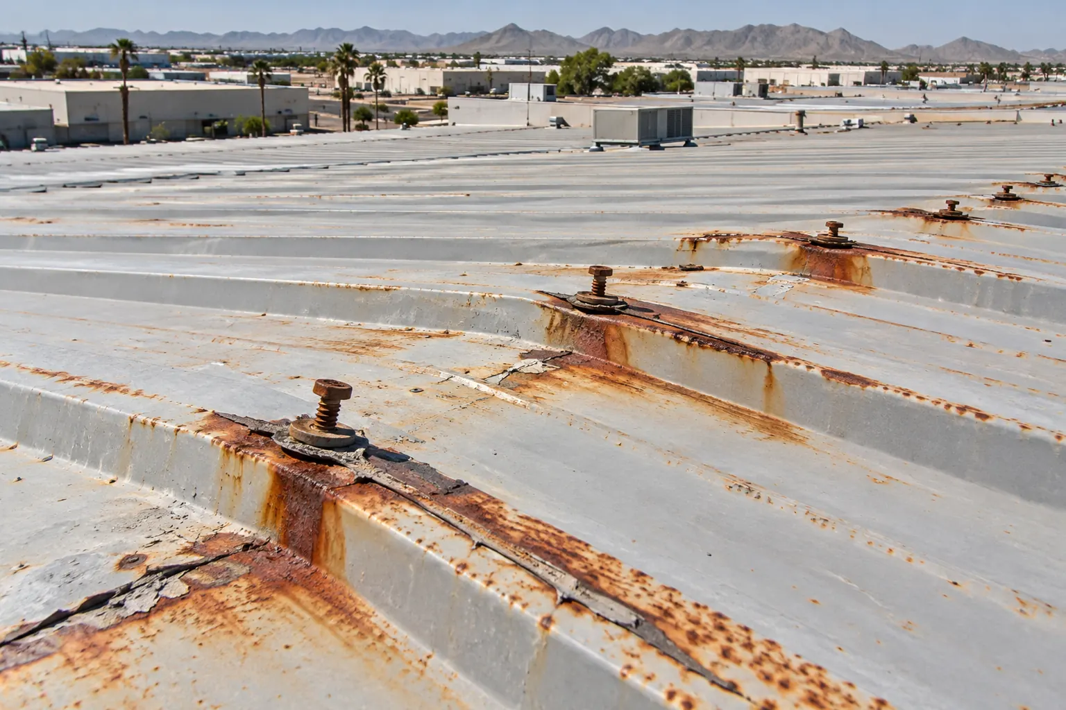 Rust bloom around fastener heads and along a panel lap on a ribbed metal roof
