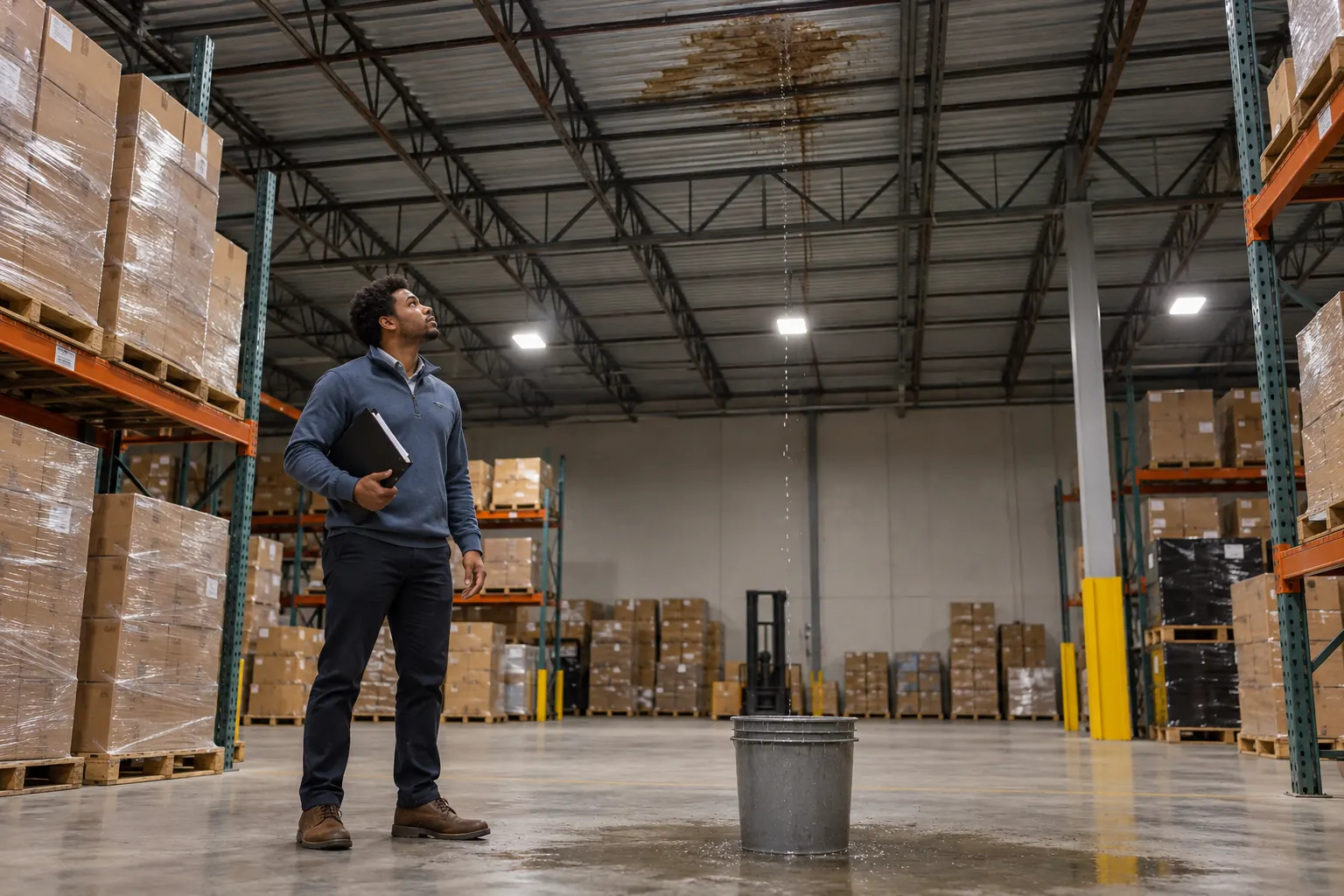 Facility manager looking up at a roof stain dripping into a bucket in a Glendale warehouse