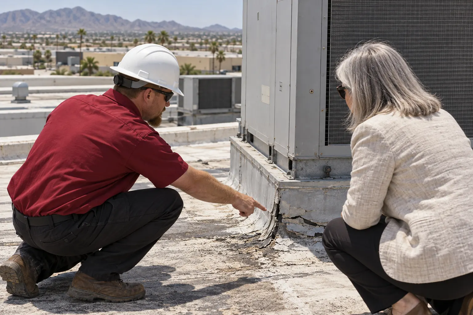 Roofer pointing at cracked base flashing on an HVAC curb