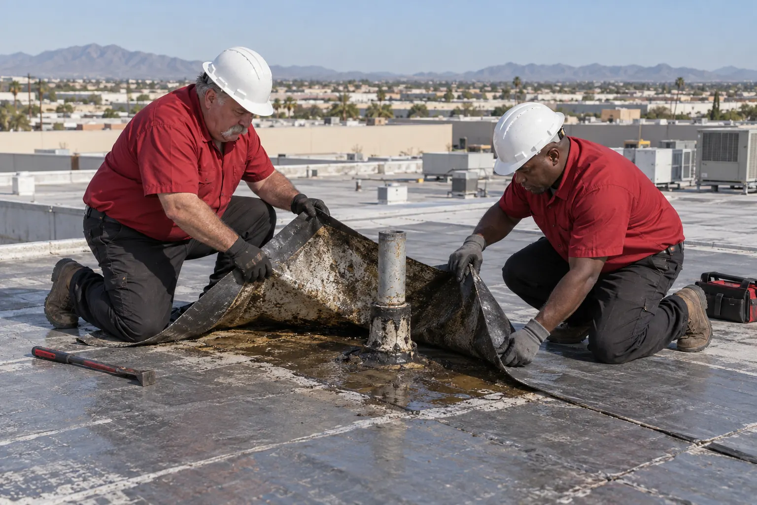 Roofer showing split curb flashing to a facility manager
