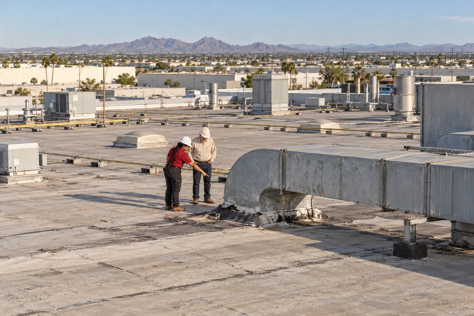 Roofer and a plant manager beside a large duct with torn curb flashing on an industrial roof