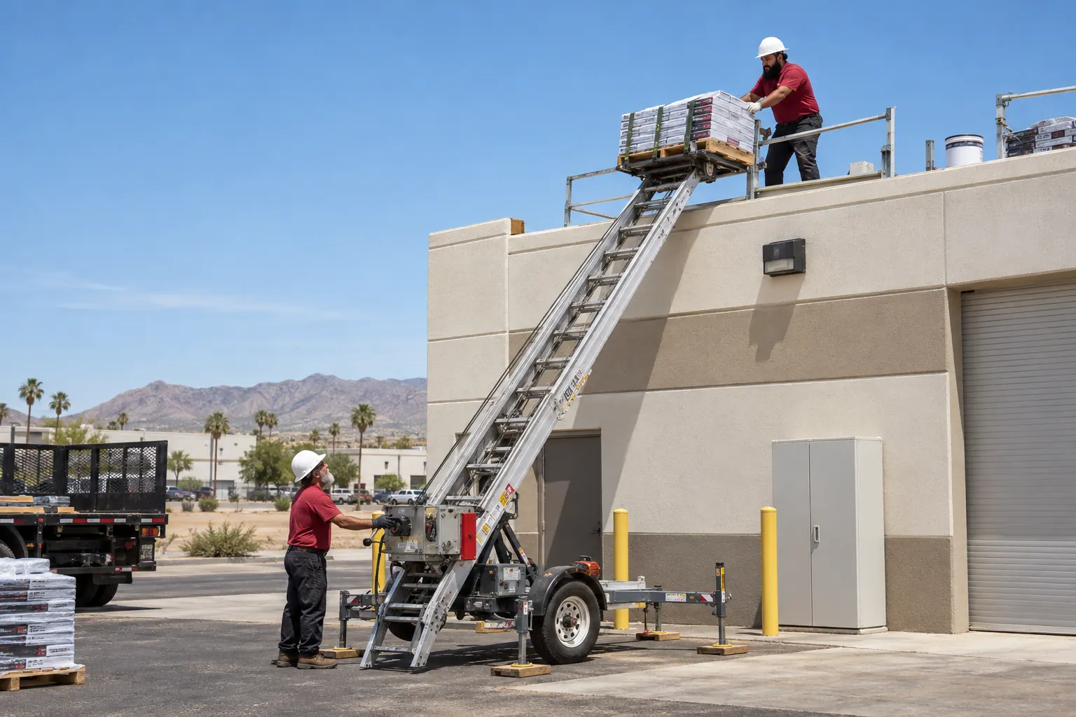 Material hoist lifting a pallet to the roof edge of a stucco commercial building