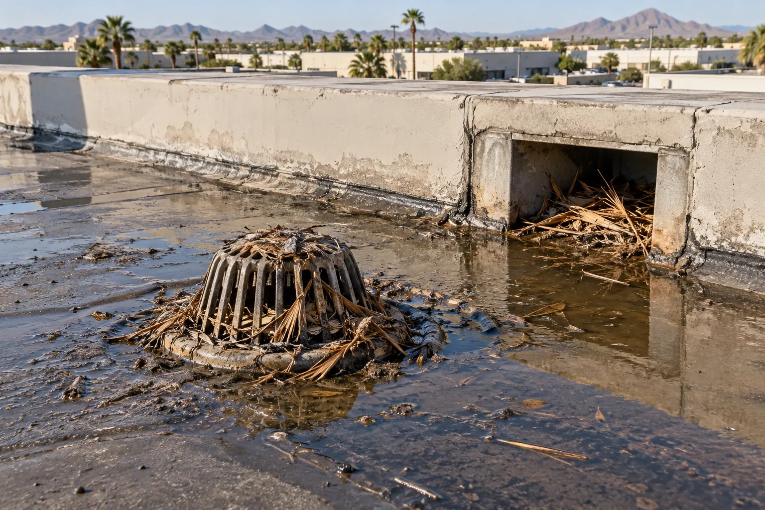 Roof drain and overflow scupper packed with palm fronds and dust on a commercial roof