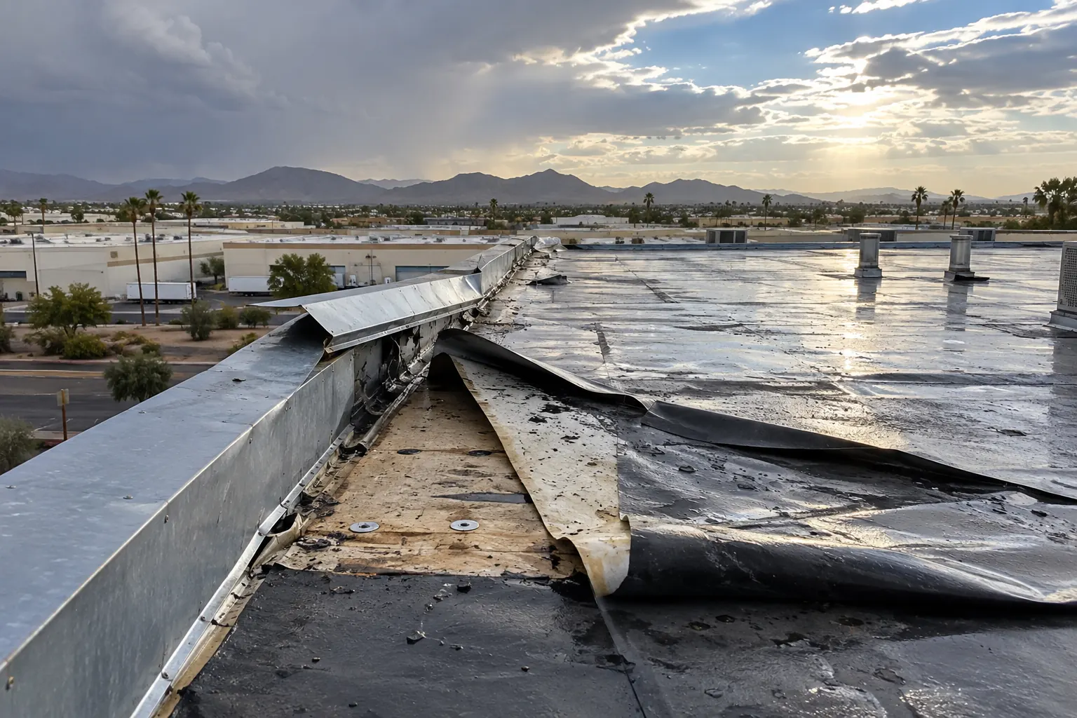 Peeled membrane and lifted edge metal on a flat roof after a monsoon storm