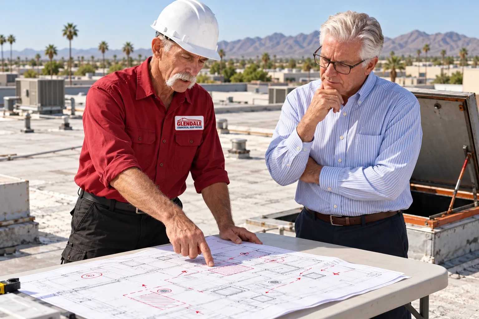 Roofer and a building owner reviewing a marked-up roof plan beside an open roof hatch