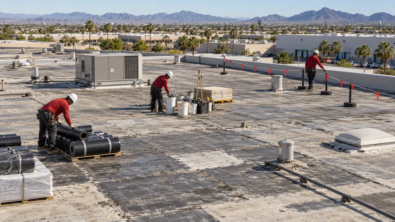 Roofers staging membrane rolls and pails behind a flag line on a large flat roof